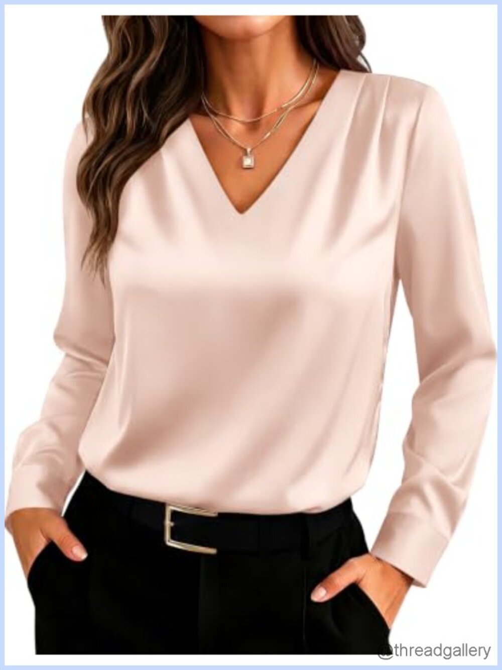 Satin V-Neck Blouse Ruched Shoulder Long Sleeve Business Casual Work Top